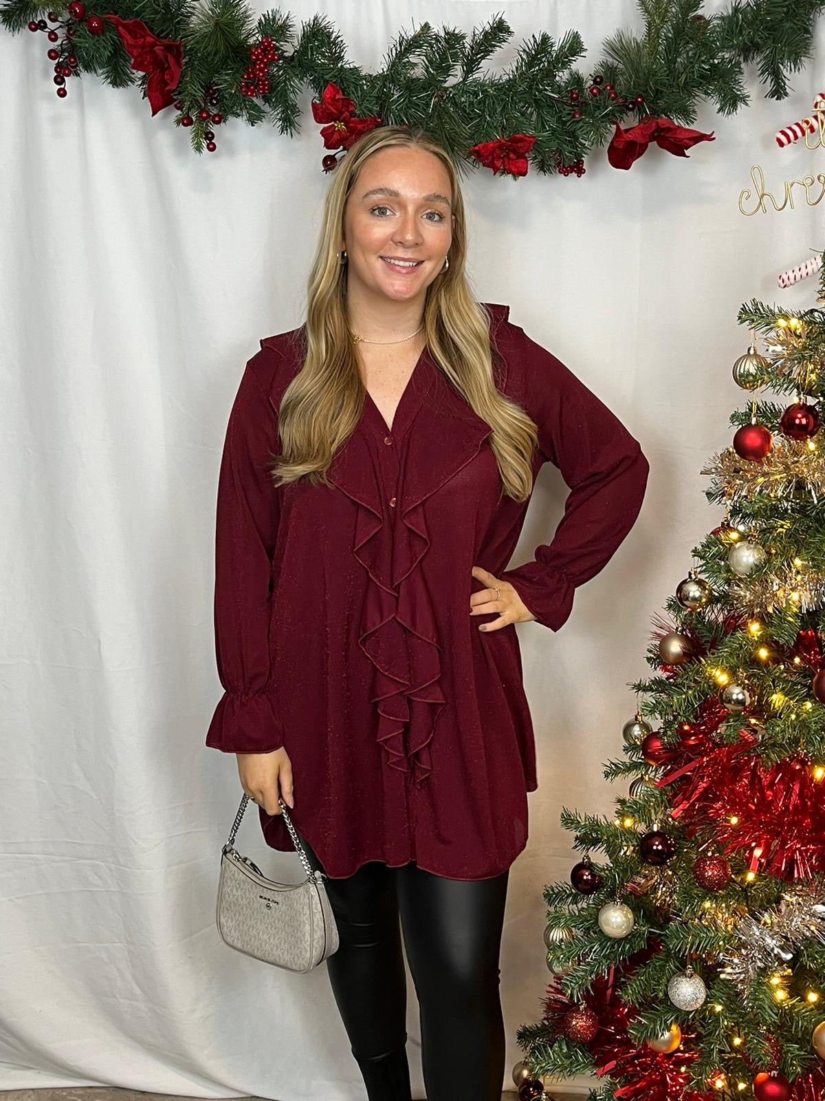 ‘Daphne’ Sparkle Ruffle Front Blouse