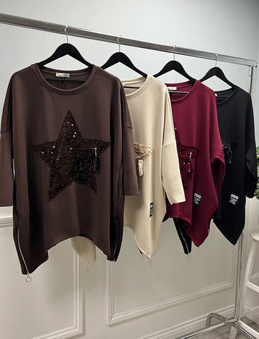 ‘Rebecca’ Sequin Star Curved Hem Top