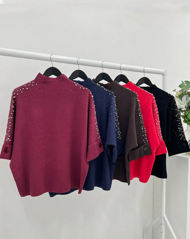 ‘Leigh’ Pearl & Studded Shoulder Knitted Top