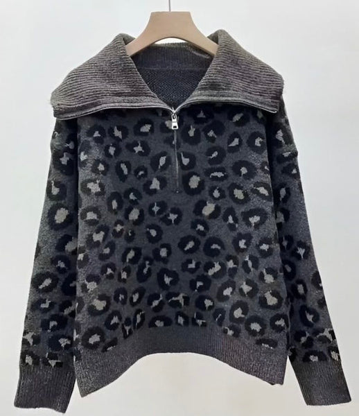 ‘Edith’ Leopard Zip Collar Jumper