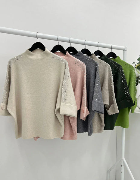 ‘Leigh’ Pearl & Studded Shoulder Knitted Top