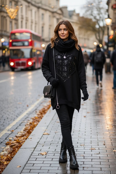 ‘Lizzie’ Sequin Heart Curved Hem Jumper