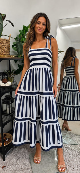 ‘Davina’ Striped Tie Shoulder Maxi Dress