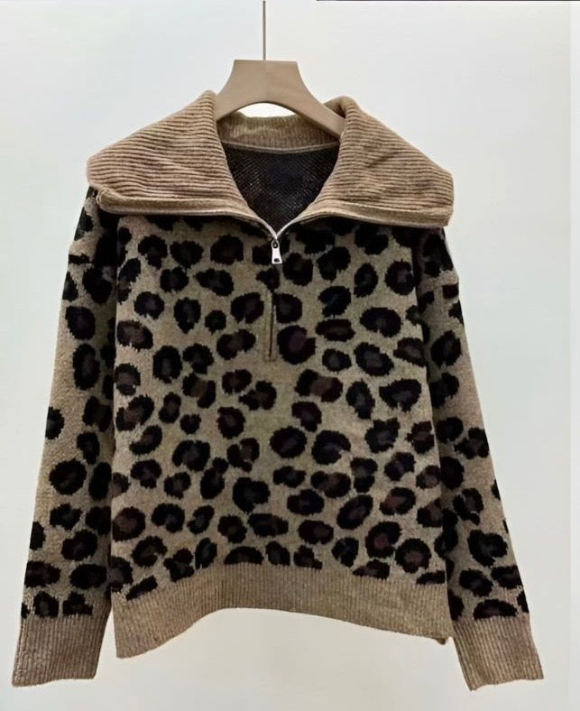 ‘Edith’ Leopard Zip Collar Jumper