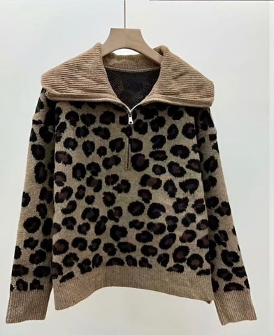 ‘Edith’ Leopard Zip Collar Jumper