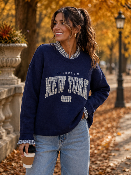 ‘New York’ Checked Collar & Cuff Jumper