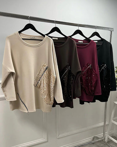 ‘Vanessa’ Zip Sequin Panel Top